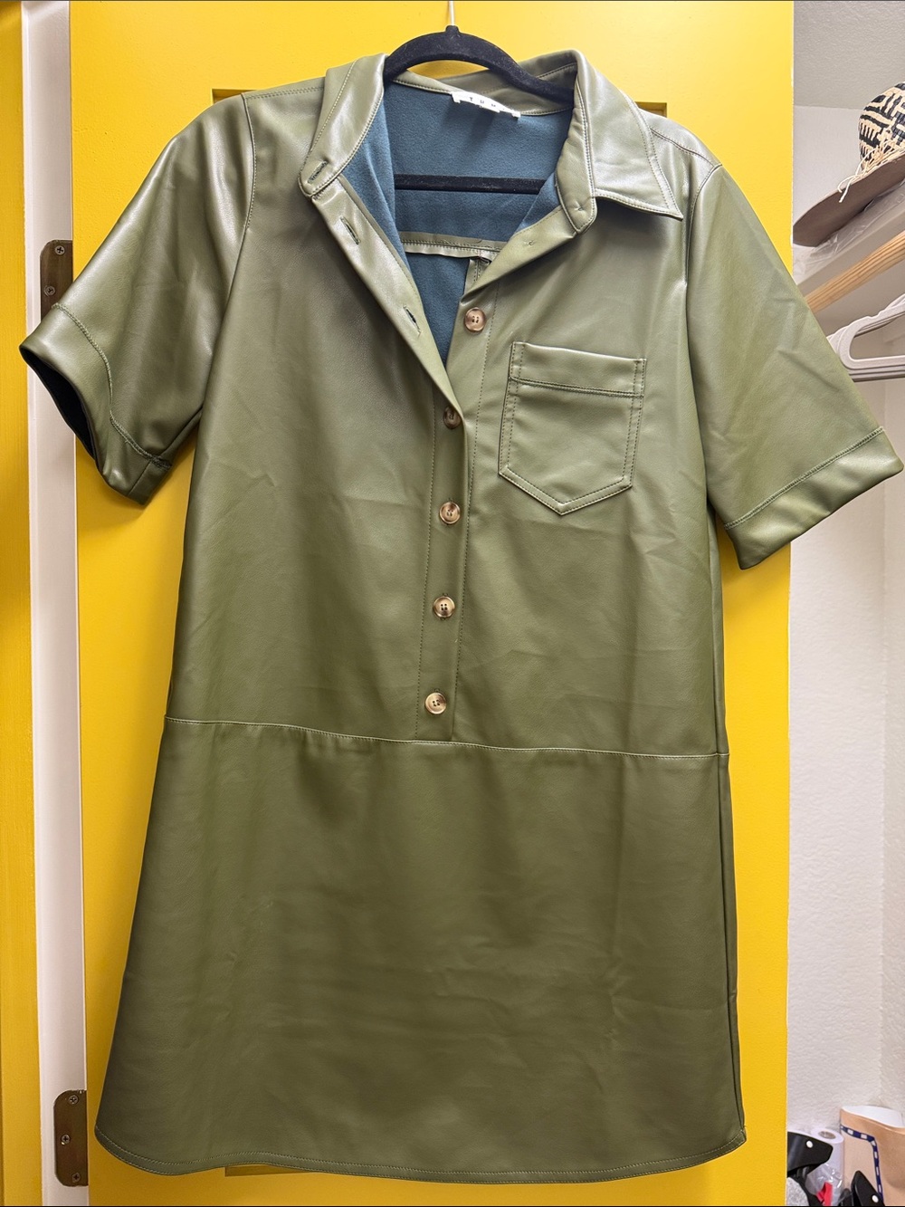 THML Olive Green Faux Leather Shirt Dress